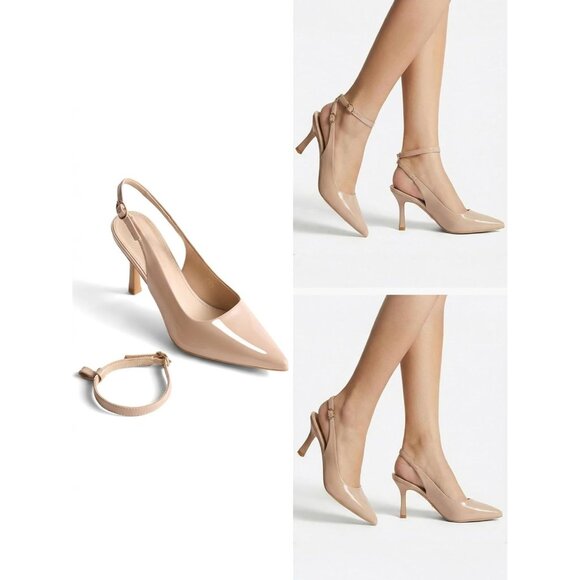 Women's Nude Pointed Toe High Heels Slingback Stiletto Ankle Strap Pumps - Picture 2 of 6